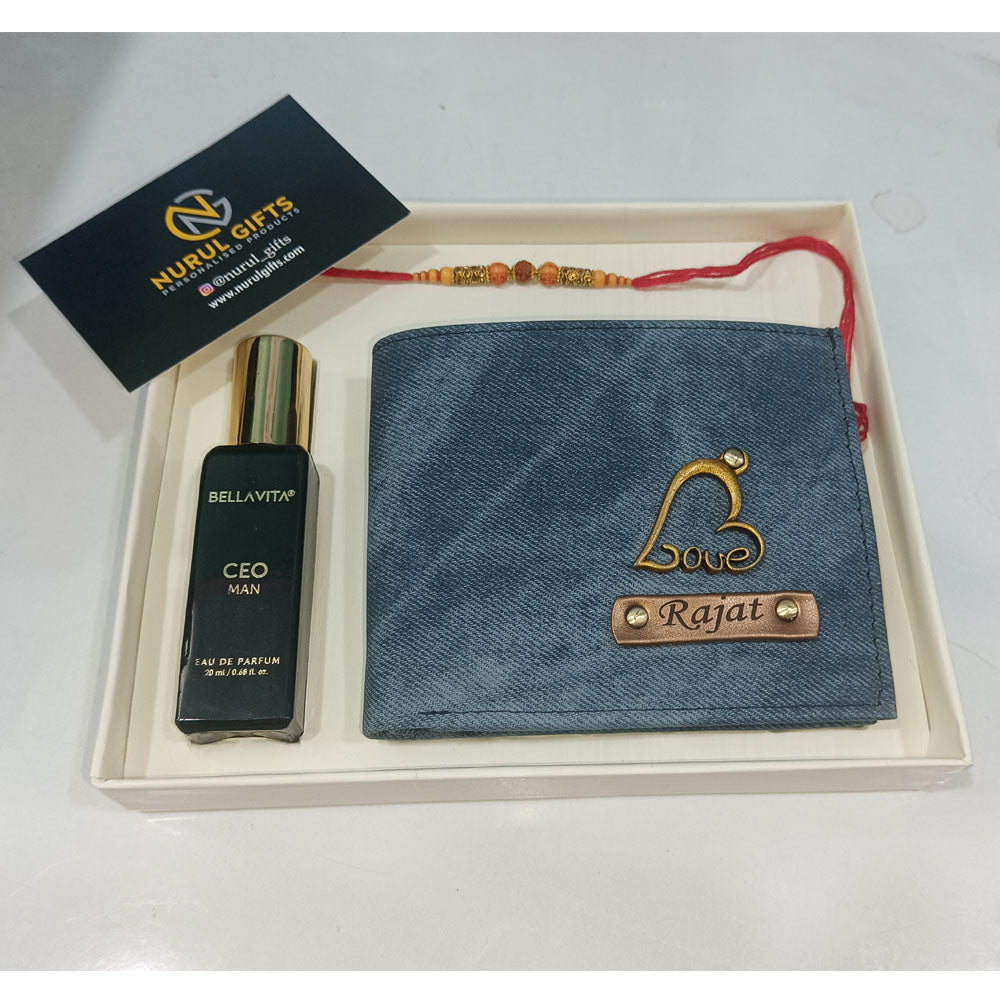 Personalised Denim Leather Men's Wallet, Rakhi, Perfume Combo