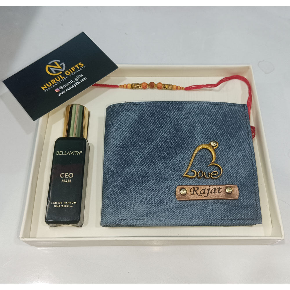Personalised Denim Leather Men's Wallet, Rakhi, Perfume Combo