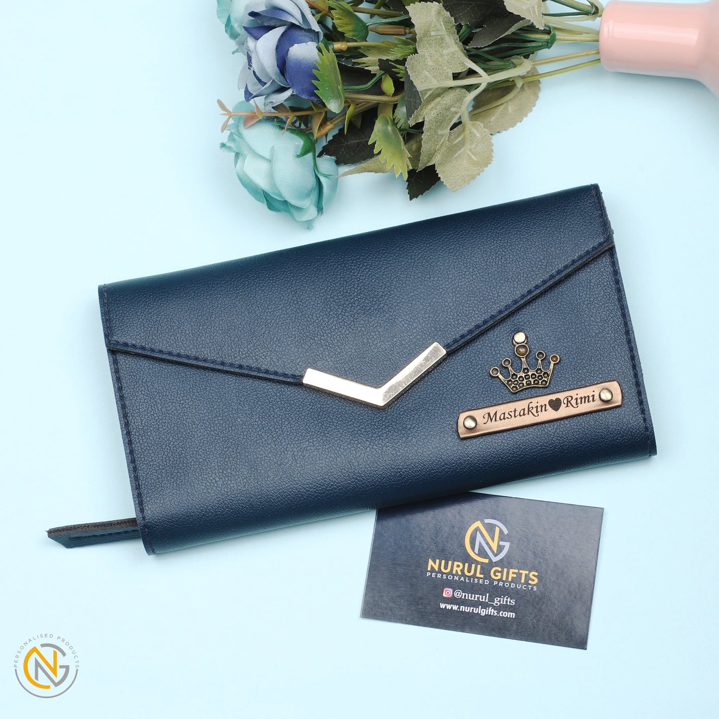 Personalized Ladies Leather Clutch With Name & Charm