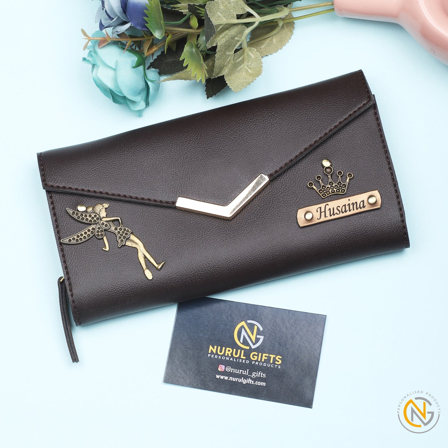 Personalized Ladies Leather Clutch With Name & Charm