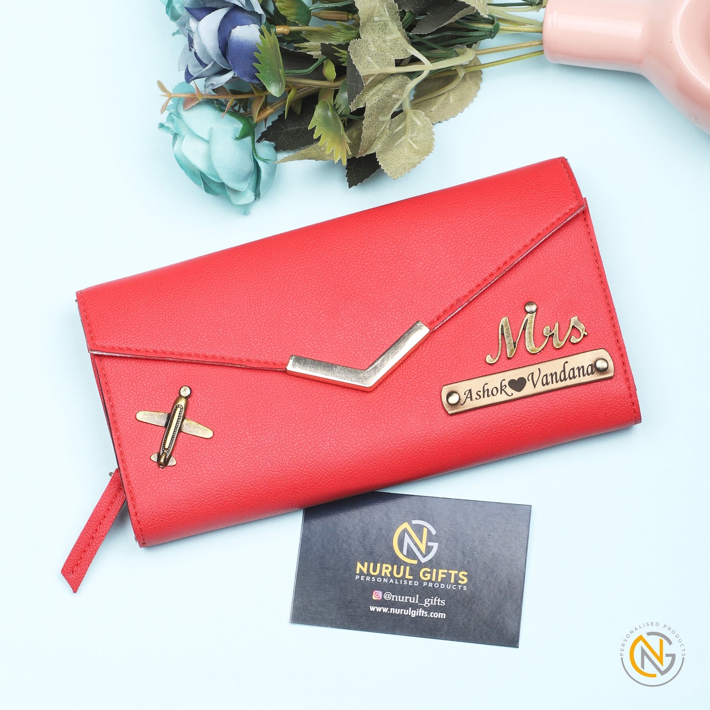 Personalized Ladies Leather Clutch With Name & Charm