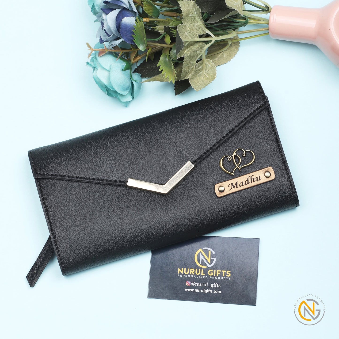 Personalized Ladies Leather Clutch With Name & Charm