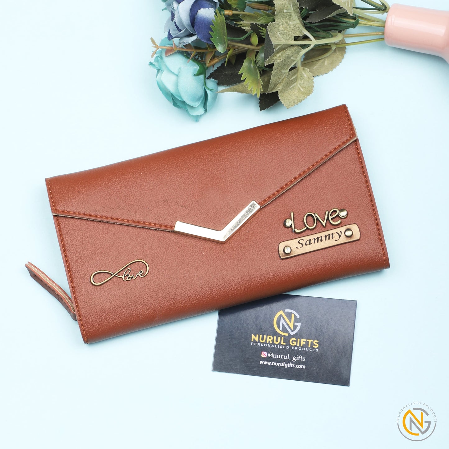 Personalized Ladies Leather Clutch With Name & Charm