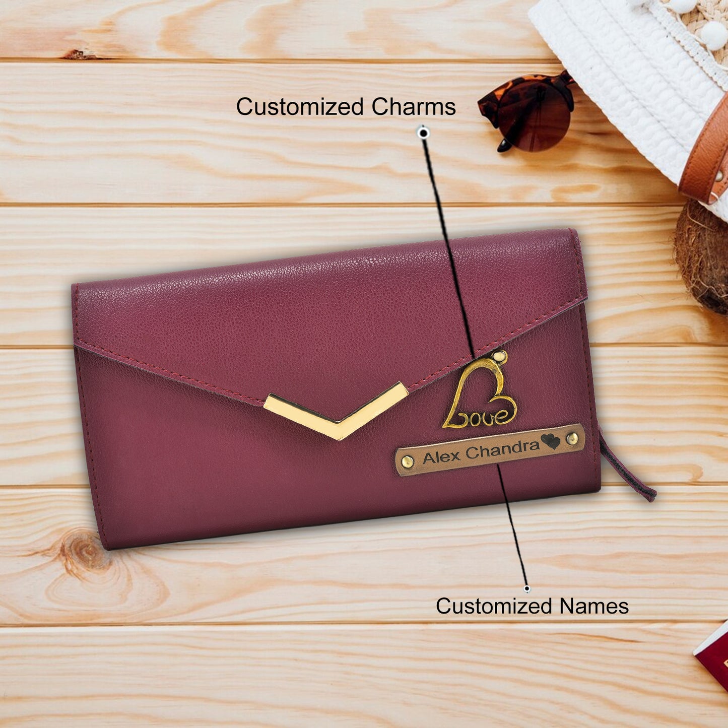 Personalized Ladies Leather Clutch With Name & Charm