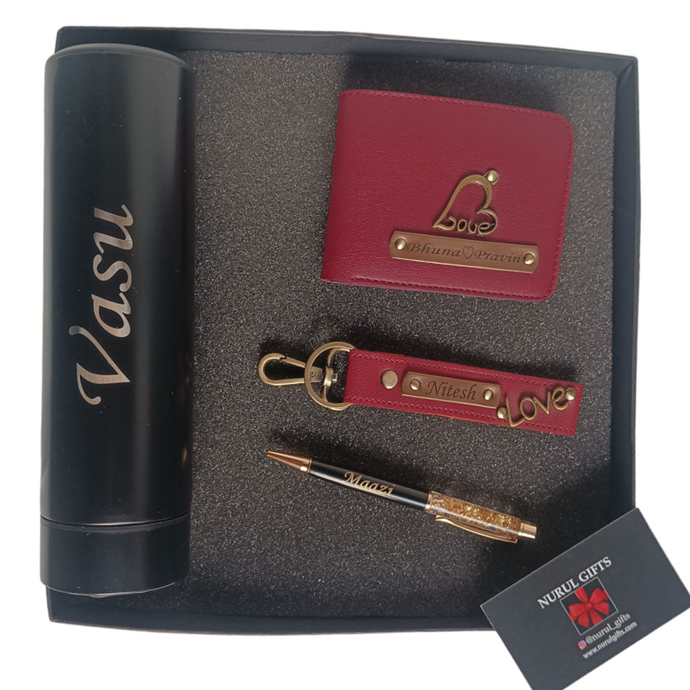 Personalized Men's Wallet , Keychain , Temperature Bottle , Pen, Chocolate With Name & Charm