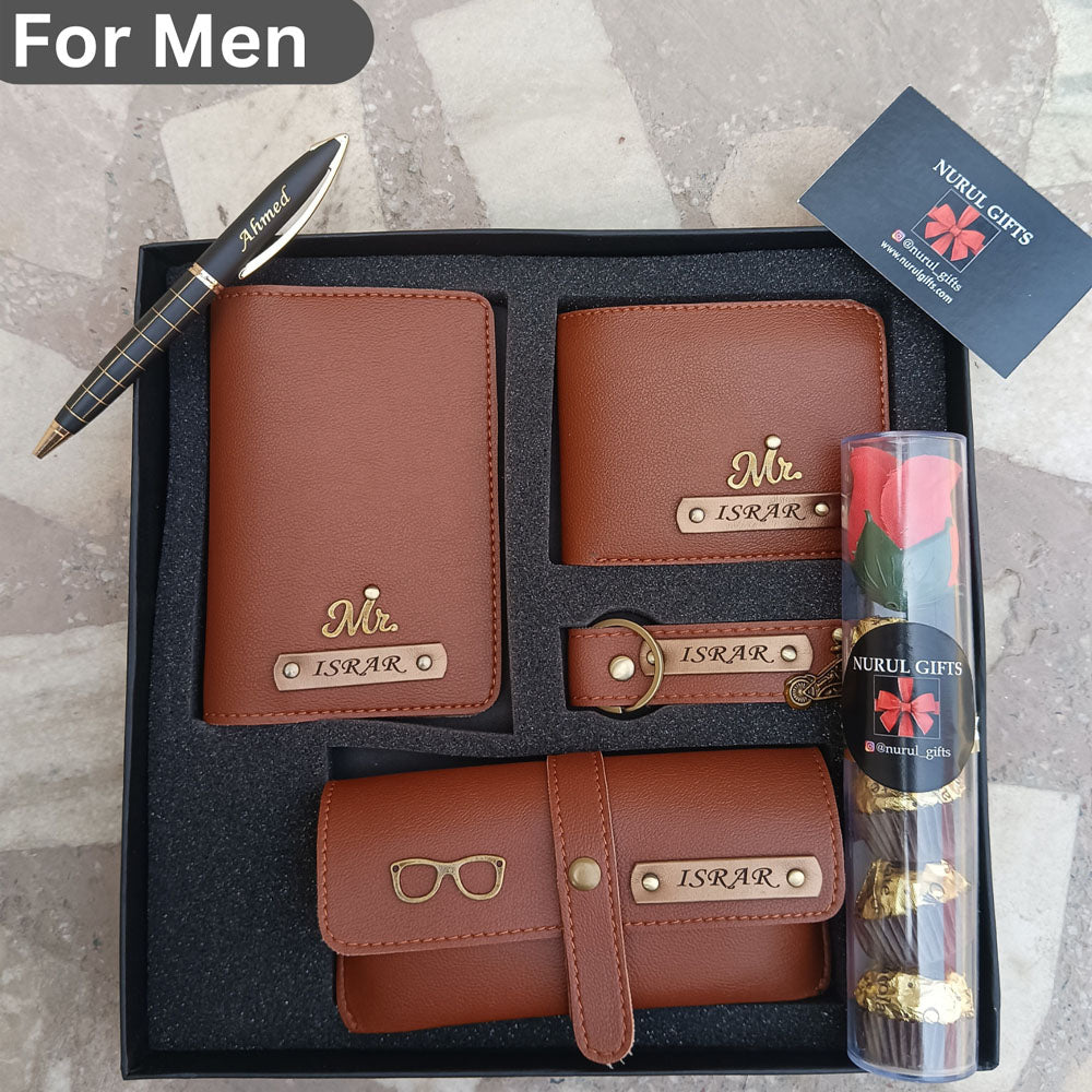 Personalized Men’s Wallet ,Passport Cover, Eyewear Cover ,Keychain with Name & Charm ,pen ,rose chocolate,